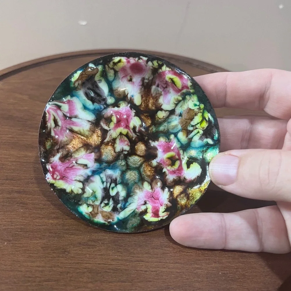 Vtg Enamel on Copper Small Round Trinket Dish Abstract Pink Blue Green 3.75